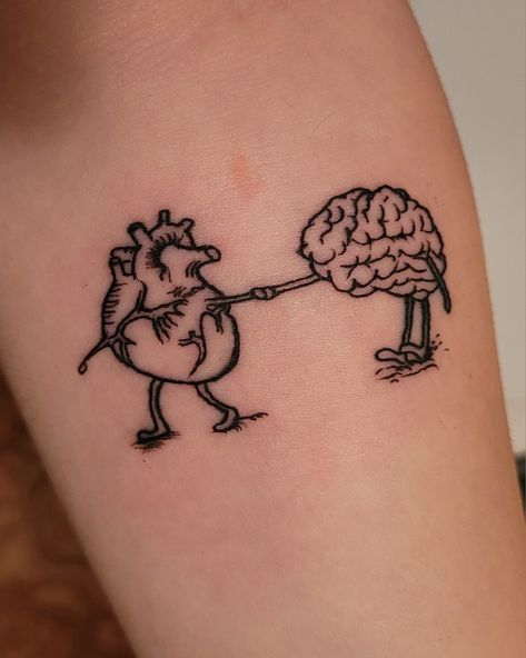 #brain #tatto #love #heart Heart And Mind Balance Tattoo, Tattoos For Brokenhearted, Mind Heart Tattoo, Brain Surgery Tattoo, Bizarre Tattoos, Heart Surgery Tattoo, Mental Health Tatoos Design, Heart On Sleeve Tattoo, Brain And Heart Tattoo