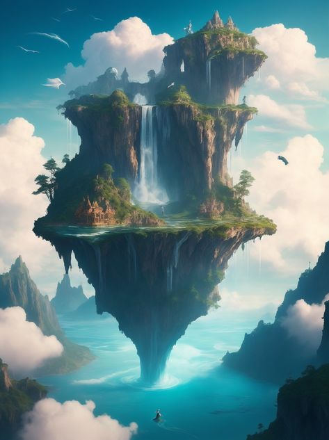 Digital Art  ✨ Flying Island, Stone Bridges, Surreal Scenes, Floating Island, Fiji Islands, Ancient Stone, Cascade Waterfall, Cloud Drawing, Island Art