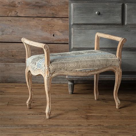 <p>Our <strong>French Country Farmhouse Vanity Bench</strong> is full of vintage-inspired charm that will suit your living room, foyer, or bedroom. Featuring a curved frame with a whitewashed finish and French-inspired upholstery, this chic seat will highlight any space in farmhouse fashion. Use this gorgeous wood bench with a cushioned seat top at the end of your bed, in your closet, in your entry, or as a gorgeous vanity chair.</p> Antique Bed Bench, French Country Vanity, Farmhouse Fashion, Small Library, French Country Farmhouse Decor, French Bench, Cottage French, Farmhouse Vanity, Villa Maria