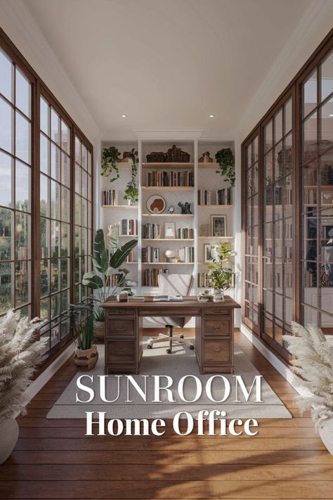 Create a private space using stylish room dividers 🧵 and cozy curtains. Incorporate cozy room decor like soft drapes and add shelving units for a stylish partition. 🌿 Keep the elegance of an open sunroom with the balance of privacy 🌞 Use furniture placement to create a secluded nook and maintain that cozy house vibe. 🔐 Perfect for when you need focus without closing off the light! #sunroom #cozyroomdecor #naturalight #officeideas #homeofficedecor #cozyhomeoffice #officeinspo #homeofficesetup Office In Sunroom, Sunroom Home Office, Solarium Office, Sunroom Office Ideas Small Spaces, Sunroom Addition Off Kitchen, Sunroom Off Kitchen, Library Sunroom, Sunroom Office Ideas, Conservatory Office