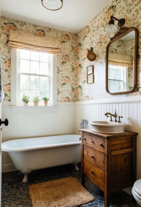 Drop In Tub Wainscoting, Cottage Bathroom Colors, Vintage Victorian Bathroom, English Cottage Powder Room, Vintage Bathroom With Wallpaper, Vintage Country Bathroom, Farmhouse Tub Shower Combo, Small Vintage Bathroom Ideas, Vintage Western Bathroom