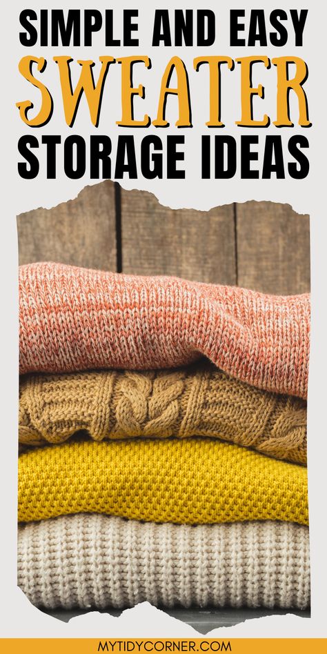 a pile of folded sweaters and text overlay about how to store sweaters. Sweater Storage Ideas, How To Fold Sweaters, Hang Sweaters, Sweater Hangers, Sweater Storage, Granola Recipe Bars, Space Bags, Decluttering And Organizing, Padded Hangers