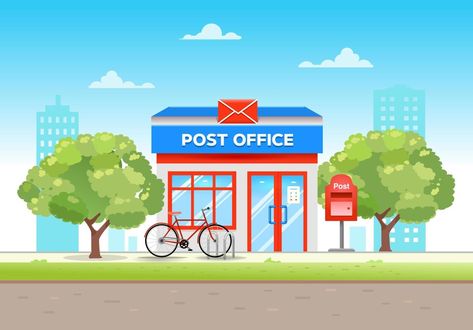 Post office building in flat style in the city on a summer day with a bike at the entrance. Vector illustration Post Office Drawing, Post Office Illustration, Cool Wallpapers Music, Office Clipart, Wallpapers Music, Office Cartoon, Kids Word Search, Police Recruitment, Tenth Grade