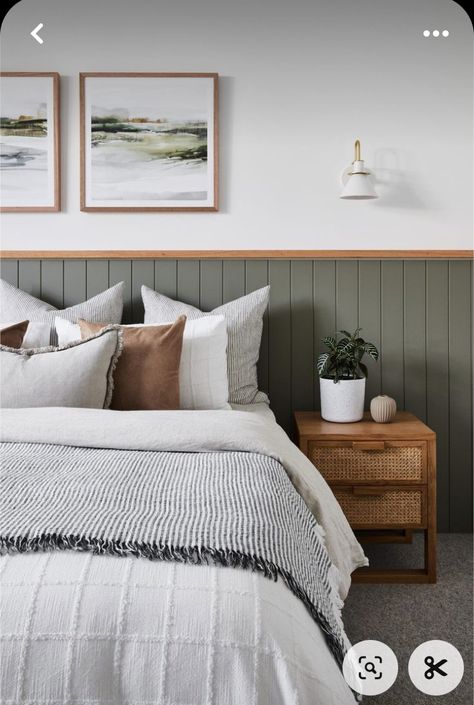 Headboard Bedroom Ideas, Feature Wall Bedroom, Coastal Bedroom Decorating, Sage Green Bedroom, Headboard Decor, White Headboard, Bedroom Panel, Coastal Bedroom, Bedroom Headboard