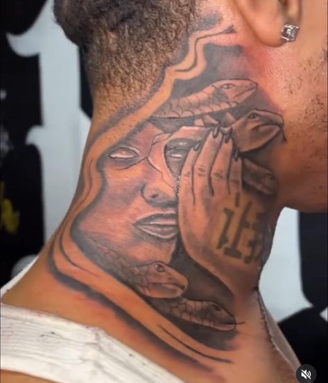 Rare Neck Tattoos Women, Neck Tattoo Ideas For Men Design, Neck Hood Tattoos, Black Neck Tattoo Men, Medusa Neck Tattoo Men, Medusa Tattoo Neck, Hard Neck Tattoos For Men, Money Tattoo Neck, Money Neck Tattoos