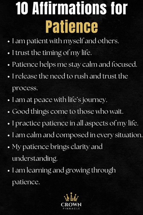 10 Affirmations for Patience Find calm in the journey with these affirmations for patience. Trust in divine timing and practice mindfulness as you wait for life’s blessings to unfold. Daily Affirmations Patience, Patience Affirmations, 10 Affirmations, Positive Affirmations For Success, Mr Nobody, Practice Mindfulness, Brain Tricks, Divine Timing, Be Patient With Me