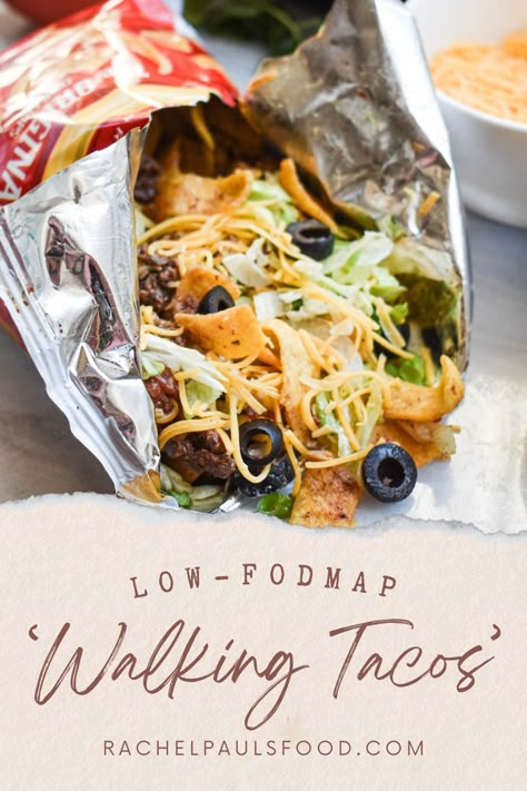 Low-FODMAP & Gluten-free Walking Tacos | Rachel Pauls Food Low Fodmap Taco Salad, Low Fodmap Chicken Tacos, Low Fodmap Taco Seasoning, High Protein Low Fodmap Meals, Low Food Map Recipes, Low Food Map, Low Fodmap Lunch Ideas, Fodmap Dinner Recipes, Fodmap Slow Cooker