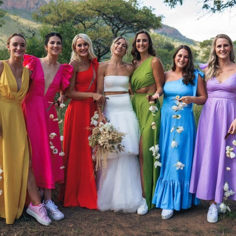 Too colorful example Prom Satin Dress, Colourful Bridesmaids, Rainbow Bridesmaid Dresses, Satin Dress Wedding, Bright Bridesmaid Dresses, Rainbow Bridesmaids, Bridesmaids Outfits, The Olsen Twins, Summer Bridesmaid Dresses