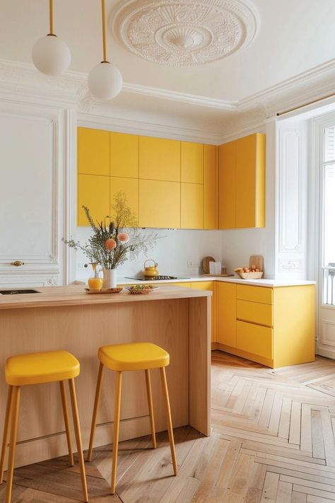 Yellow Kitchen Designs, Unique Kitchen Design, Yellow Kitchen, Kitchen Color, Kitchen Trends, Decoration Inspiration, Kitchen Inspo, Stylish Furniture, 인테리어 디자인