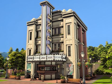 Sims 4 Mall Builds, New Crest Sims 4 Ideas, Sims 4 Office Building, Gatsby House, 1900s House, Sims4 Ideas, Sims Lots, Vintage Movie Theater, Sims Memes