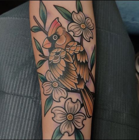 American Traditional Daffodil Tattoo, Traditional Style Daffodil Tattoo, Neotraditional Cardinal, Bird Tattoos For Women Traditional, Traditional Cardinal Tattoo, Neotraditional Daffodil Tattoo, Female Cardinal Tattoo, Traditional Bird And Flower Tattoo, Bird And Flower Tattoo