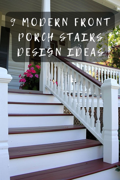 Looking for modern front porch stairs design ideas? Discover sleek and contemporary options to enhance your home's entrance. Click to explore the latest trends and tips! 🏡✨ #FrontPorch #HomeDesign #CurbAppeal #OutdoorLiving #PorchDecor Historic Front Porch, Porch Stairs Ideas Entrance, Wide Front Porch Steps Farmhouse, Front Porch Styles Design, Front Entrance Stairs Outside, Front Stairs Entrance, Trex Front Porch Ideas, Wide Front Porch Steps, Entrance Stairs Entryway