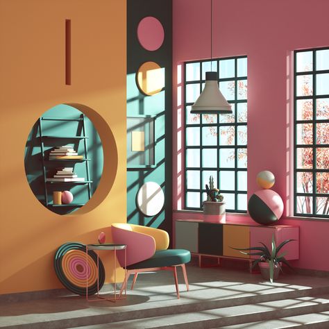 Colorful Garage, Room References, Peter Tarka, Bauhaus Interior, Casa Retro, Apt Decor, Colorful Interior Design, Art Production, Memphis Design