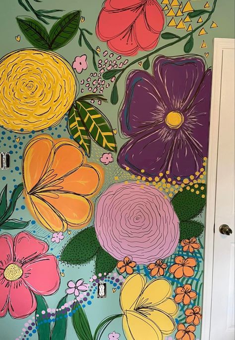 Simple Floral Wall Mural, Mural Floral Painting, Flower Mural Bathroom, Flower Painting On Wall Murals, Floral Wall Mural Diy, Flower Painting Mural, Diy Flower Mural Painted Walls, Hand Painted Flower Mural Bedroom, Hand Painted Wall Murals Flowers