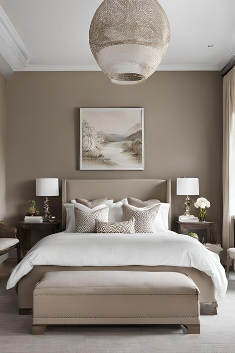 Taupe Headboard Bedroom Ideas, Room Color Themes Bedroom Ideas, Bedroom Paint Ideas With Brown Furniture, Bedroom Decor Tan Walls, Mink Colour Bedroom Ideas, Taupe Bedroom Accent Wall, Bedroom Interior Inspiration, Taupe Room Ideas, Taupe Decorating Ideas