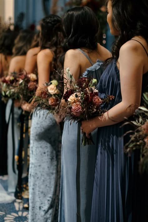 Bold Meets Moody: A Modern Multicultural Wedding with their own City! · Rock n Roll Bride Dark Blue Color Palette Wedding, Dark Blue Wedding Color Schemes, Moody Blue Bridesmaid Dresses, Dark Blue Wedding Aesthetic, Blue Moody Wedding, Moody Blue Wedding, Dark Blue Wedding Theme, Bridesmaid Palette, Rocker Wedding