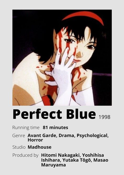 Perfect Blue Movie Poster, Perfect Blue Minimalist Poster, Perfect Blue Poster, Anime Postcard, Perfect Blue Anime, Anime Minimalist Poster, Poster Information, Movie Animation, Satoshi Kon