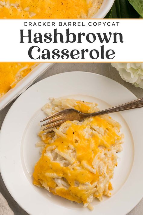 This copycat recipe is a dead ringer for that delicious Cracker Barrel hashbrown casserole! Savory, cheesy, and delicious, this recipe is also easy to throw together and makes the perfect side dish for breakfast or brunch. I could eat this every day, really! Cheesy Hashbrown Casserole With Cream Cheese, Hashbrown Casserole For 2, Hashbrown Casserole With Cream Cheese, Heluva Good Dip Recipe Meals, Hashbrown Casserole With French Onion Dip, Velveeta Hashbrown Casserole, Best Cheesy Hashbrown Casserole, Cheesy Potatoes With French Onion Dip, French Onion Hashbrown Casserole