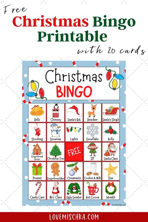 It says, "Free Christmas Bingo Printable with 20 cards" above one Christmas Bingo card that has a light blue background with red and white candy canes. On the card is 1 bright red "free" space in the middle, surrounded by 24 spots that each have an adorable Christmas image with the associated word for the image underneath. Free Christmas Bingo Cards Printable, Christmas Bingo Cards Free Printable, Free Christmas Bingo Printable, Winter Bingo Printable Free, Holiday Bingo Printable Free, Christmas Bingo Printable Free 20 Cards, Christmas Bingo Printable Free, Free Christmas Bingo, Christmas Board Game