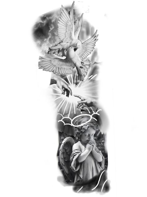 Cool Tattoo Sleeve Men, Guardian Angel Warrior Tattoo, Cloud Tattoo Half Sleeve, Angel Warrior Tattoo, Tattoo Half Sleeve, Mother Mary Tattoos, Cloud Tattoo Sleeve, Guardian Angel Tattoo Designs, Portrait Tattoo Sleeve