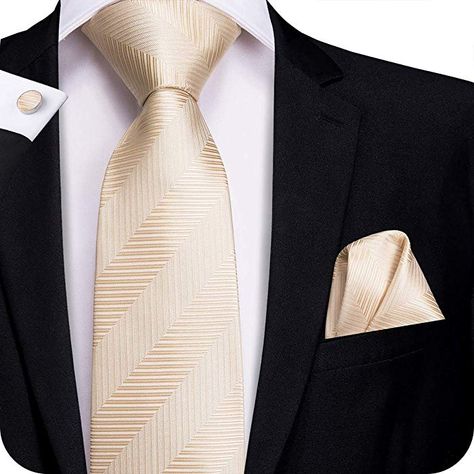 Black Suit Beige Tie, Groom Attire Black, Champagne Tie, Metal Wedding, Urban Explorer, Striped Wedding, Necktie Set, Groom And Groomsmen Attire, Beige Silk