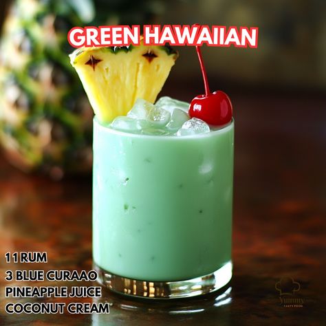 🌺🍍 Dive into the tropical flavors of the Green Hawaiian cocktail! Refreshing, sweet, and perfect for summer sipping. 🍹 Green Hawaiian Ingredients: - 1 1/2 oz. rum - 3/4 oz. blue curaçao - 2 oz. pineapple juice - 1 oz. coconut cream - 1/2 oz. lime juice - Pineapple wedge and cherry for garnish Instructions: 1. Fill a shaker with ice. 2. Add rum, blue curaçao, pineapple juice, coconut cream, and lime juice. 3. Shake well until chilled. 4. Strain into a glass filled with ice. 5. Garnish with ... Juice Coconut, Hawaiian Cocktails, Cozy Fall Recipes, Festive Drinks, Blue Curacao, Trending Recipes, Hearty Soups, Pineapple Juice, Savoury Dishes