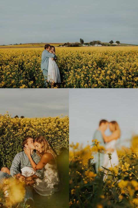 Photo Ideas In Flower Fields, Canola Field Photoshoot Couple, Yellow Flower Photoshoot, Flower Field Family Photos, Engagement Photos Wildflowers, Yellow Flower Field Photoshoot, Wild Flower Engagement Photos, Couple In Flower Field Aesthetic, Flower Field Engagement Photos