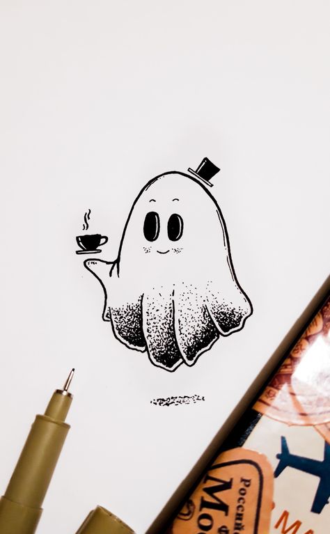 Cute Coffee Tattoo Ideas, Ghost And Coffee Tattoo, Ghost Coffee Art, Ghost Drinking Coffee Tattoo, Ghost With Coffee Tattoo, Black Pen Sketches Aesthetic, Funny Ghost Tattoo, Ghost Cartoon Cute, Cartoon Ghost Tattoo