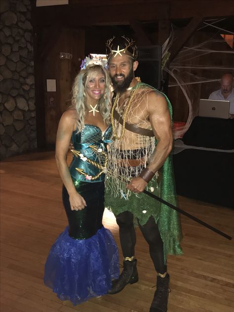 Halloween Costumes  Mermaid and Poseidon Merman Outfits, Poseidon Halloween Costume, Triton Costume Men, Mermaid And Neptune Costume, Merman Halloween Costumes, Mermaid And Merman Costume, Sea Captain Costume, Diy Merman Costume, Poseidon Costume Diy