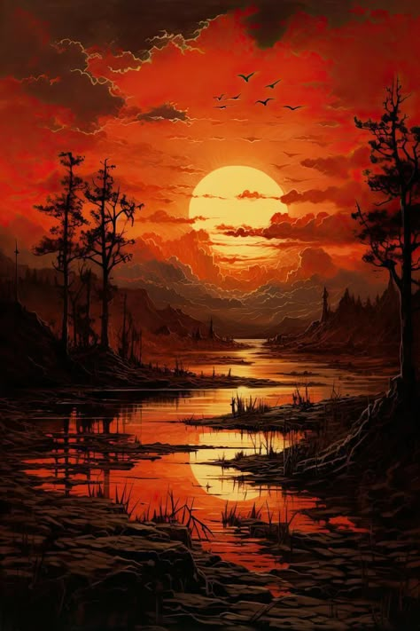 Sunset On Lake Painting, Sunset Illustration Art, Sunset Scenery Painting, Sun Set Painting, Sunset Digital Art, Sun Artwork, Sunset Drawing, Sunset Illustration, Sunset Landscape Painting