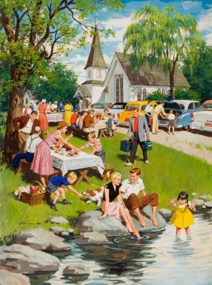 View A Church Picnic By Arthur Sarnoff; Gouache on board; 27.5 x 20.5 in.; Signed; . Access more artwork lots and estimated & realized auction prices on MutualArt. Arthur Sarnoff, 가족 일러스트, Church Picnic, 동화 삽화, Arte Peculiar, Vintage Illustration Art, Vintage Family, Vintage Life, Norman Rockwell