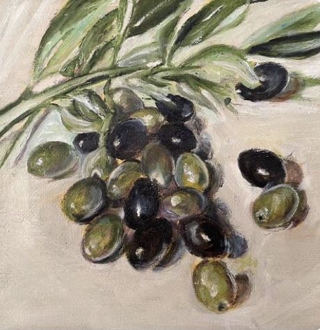 Olives Painting, Olive Branch Painting, Olive Tree Painting, Mediterranean Paintings, Leaves Decor, Modern Expressionism, Painting Details, Art Realism, Painting Aesthetic