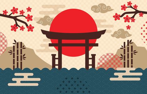 Japanese Art Landscape, Japan Background, Japan Icon, Japanese Background, Japanese Theme, Japanese New Year, Vector Art Design, Background Drawing, Japon Illustration