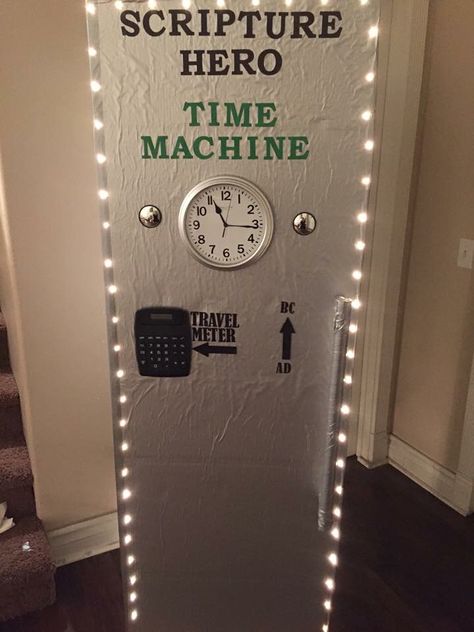 Time Machine Door, Time Travel Decorations Vbs, Time Travel Decorations, Diy Time Machine, Time Machine Decorations, Time Travel Party, Kids Church Decor, Vbs Themes, Primary Lessons