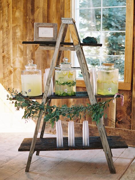 Ladder Dessert Display, Bridal Shower Ladder Decor, Champagne Ladder Wedding, Wedding Ladder Photo Display, Ladder Welcome Sign Wedding, Wooden Ladder Seating Chart, Ladder Wedding, Ladder Bar, Drink Stand