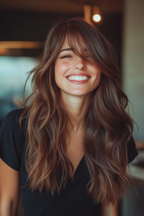 Radiant Cascading Waves - Project Hairstyles Long Layered Haircuts For Thick Hair Side Bangs, Choppy Side Swept Bangs, Long Layer Side Part, Long Layered Haircuts With Side Part, Long Haircut Side Bangs, Shaggy Long Hair Side Part, Long Haircut With Side Part, Side Parting Bangs, Side Bangs Hairstyles Long