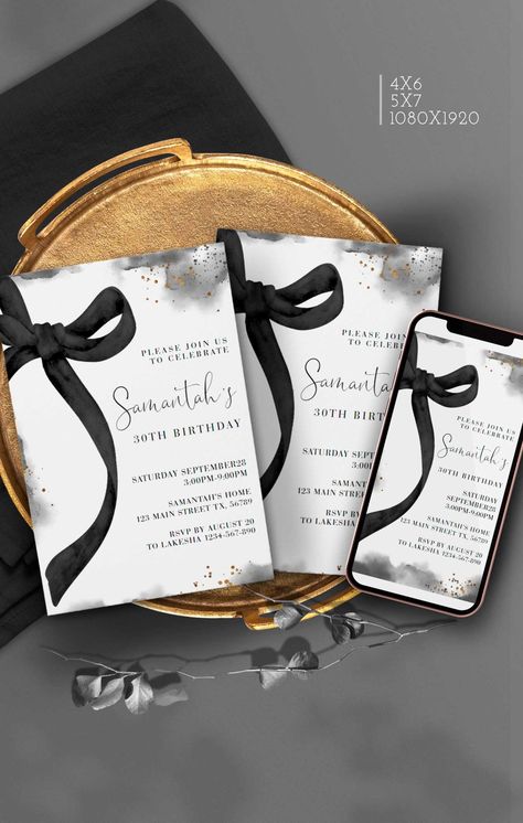 Black Bow invitation, Black and white invites, Black Bow birthday template for Her, Evite Mobile Digital Download Corjl ANY AGE Black Birthday Invitations, Black And White Invitations, Festa Black, Bow Invitation, Birthday Behavior, Bow Birthday, 18th Bday, Hens Party, Black Invitation