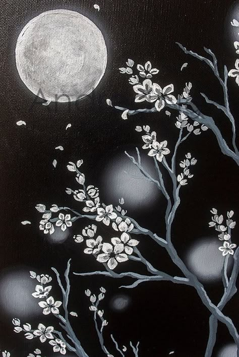 Big Canvas Painting Ideas Black And White, Cool Moon Paintings, Painting With Black Colour, Back And White Painting, Painting Idea Black Background, Dark Colour Painting, Art Ideas For Black Canvas, Canvas Painting Ideas On Black Canvas, Japanese Moon Painting