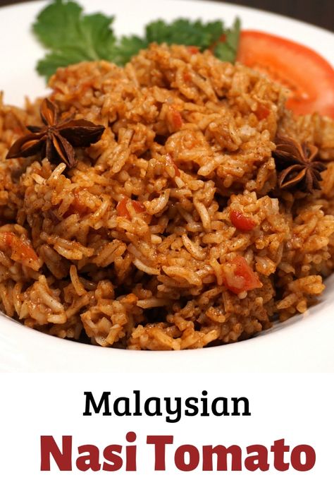 Nasi Tomato Recipe - Malaysian Basmati Rice seasoned with tomatoes, ginger, garlic, shallots and a spice blend with star anise and cinnamon. This delicious rice is often served with another classic dish, Ayam Mesak Merah, (tomato chicken curry). Visit our site to view our entire collection of classic Malaysian recipes! #Basmati #MalaysianCuisine #Nasi Nasi Tomato, Malaysian Recipes, Masakan Malaysia, Armenian Food, Noodle Soups, Rice Fried, Chinese Spices, Tomato Recipe, Tomato Chicken