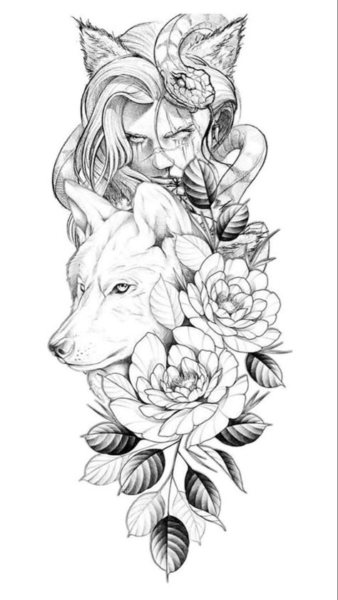 Full Sleeve Woman Tattoo, Woman And Animal Tattoo, Wolf Woman Tattoo Design, Animal Goddess Tattoo, Wolf Tattoo Ideas For Women Thigh Piece, Half Woman Half Animal Tattoo, Wolf Arm Tattoo Woman, Wolve Tattoo Woman, Half Woman Half Wolf Tattoo