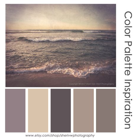 Purple and taupe color palette inspiration.   Bring some mystery into your home by adding this dreamy print and color palette to your favorite space. From your bedroom, to your living room, to a quiet nook for reading, this print is the perfect addition.   https://www.etsy.com/listing/233444457/dreamy-ocean-landscape-photography Taupe Room, Bedroom Colors Purple, Farmhouse Bedroom Remodel, Taupe Color Palettes, Taupe Living Room, Taupe Bedroom, Purple Living Room, Color Palette Inspiration, Bedroom Colour Palette