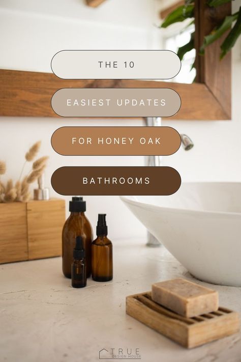 Bathroom Cabinet Wood Stain, Half Bathroom Ideas Oak Cabinet, Bathroom Decor For Brown Cabinets, Bathroom Ideas Oak Cabinets, Oak Cabinets Bathroom Ideas, Outdated Wood Trim, Small Bathroom Oak Cabinets, Staining Bathroom Cabinets, Master Bath Oak Cabinets