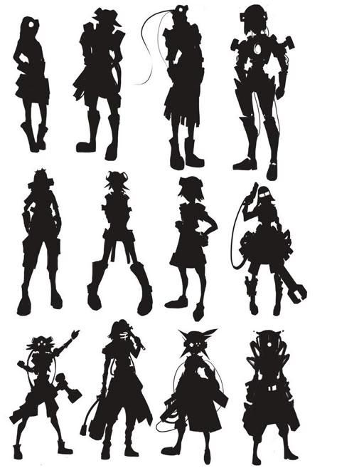 Silhouette Study     by ~RobertAraneta on deviantART - http://robertaraneta.deviantart.com/ Character Design Process, Female Steampunk, Steampunk Mechanic, Character Silhouette, Silhouette Sketch, Thumbnail Sketches, Silhouette Drawing, Concept Art Tutorial, Chara Design