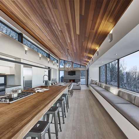 Laurentian Ski Chalet in Quebec, Canada by Robitaille Curtis architecture Chalet Modern, Modern Ski Chalet, Kitchen Open Concept, Wooden Ceiling Design, Chalet Interior, Chalet Design, Ski House, Ski Chalet, Wooden Ceilings