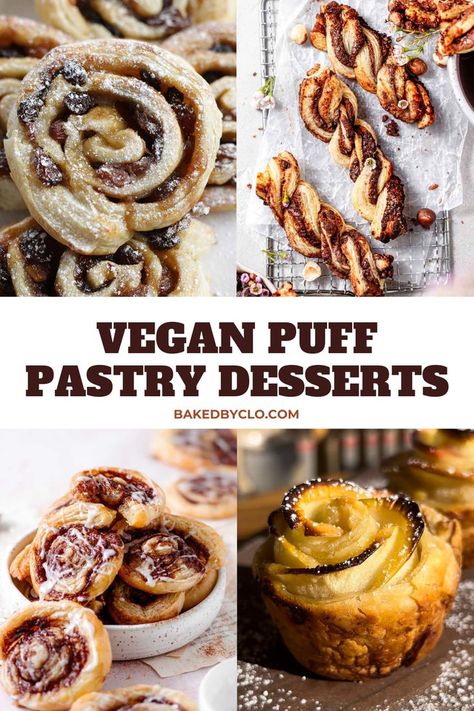 4 images of vegan puff pastry desserts including pinwheels, chocolate twists, cinnamon buns and apple tarts. Easy Vegan Puff Pastry Dessert, Vegan Puff Pastry Dessert, Easy Desserts With Puff Pastry Sheets, Vegan Puff Pastry Recipes, Vegan Pastry Recipes, Desserts With Puff Pastry, Puff Pastry Dessert Recipes, Pastry Dessert Recipes, Vegetarian Pastries