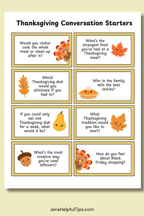 Thanksgiving Conversation Starters | Jens Helpful Tips Gratitude Conversation Starters, Thanksgiving Conversation Starters Free Printable, Thanksgiving Steam Activities, Thanksgiving Kids Activities, Thanksgiving Conversation Starters, Thanksgiving Kids Crafts, Steam Activities For Kids, Conversation Starters For Kids, Types Of Pie