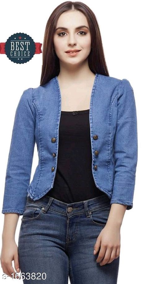 Denim Shrug, Denim Sleeves, Trendy Denim Jacket, Casual Denim Jacket, Shrug For Dresses, Designer Kurti Patterns, Jacket Fabric, Trendy Denim, Stylish Jackets