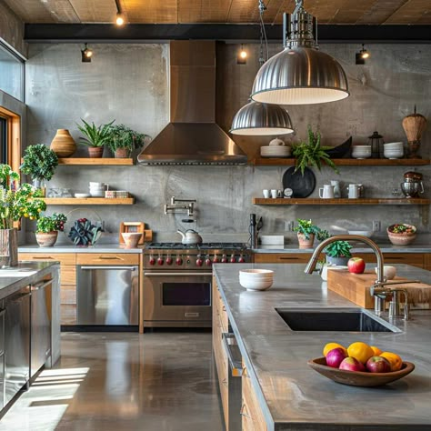 Soft Industrial Kitchen, Micro Cement Kitchen, Industrial Home Kitchen, Industrial Kitchen Sink, Home Compound, Industrial Style House, Cement Kitchen, Earth Kitchen, Industrial Chic Kitchen