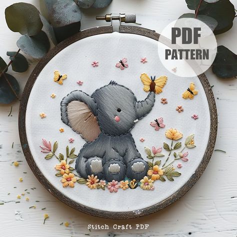 Baby elephant hand embroidery, embroidery pattern, elephant embroidery, butterfly Pattern, Embroidery Project, Instant Download, Hoop Art by StitchCraftPDF on Etsy Elephant Embroidery Pattern, Elephant Hand Embroidery, Embroidery Baby Gifts, New Baby Embroidery, Elephant Embroidery Design, Embroidery Elephant, Elephant Embroidery, Embroidery Butterfly, Embroidered Elephant