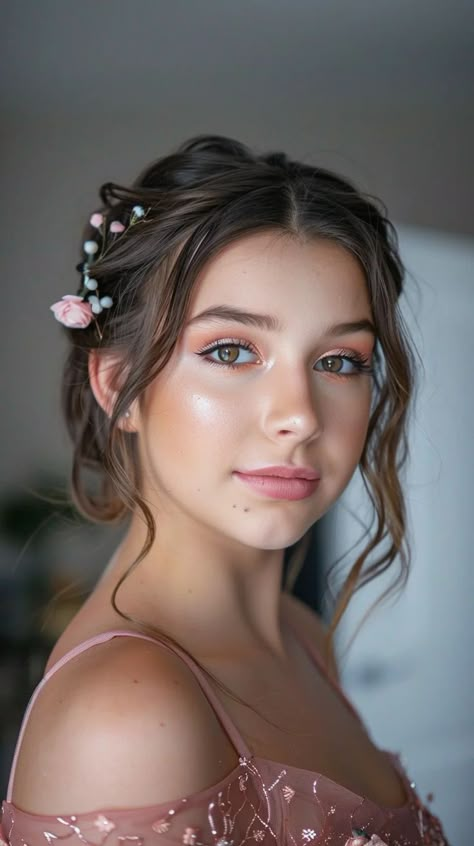 Natural Pastel Makeup, European Bridal Makeup, Makeup Engagement Look, Tea Party Makeup Ideas, Engagement Makeup Ideas Natural, Makeup For Pink Outfit, Garden Party Makeup, Peach Bridal Makeup, Fairytale Makeup Looks